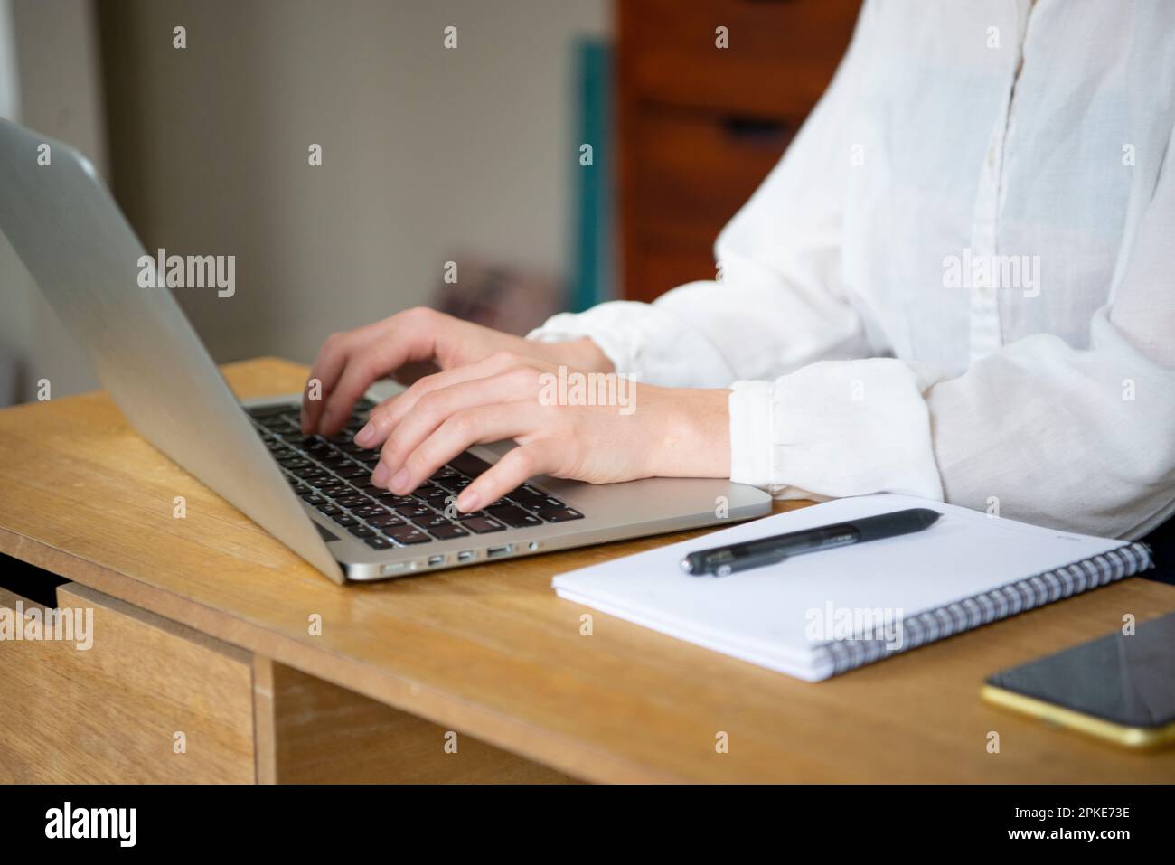 Frau am Computer zu Hause arbeiten Stockfoto
