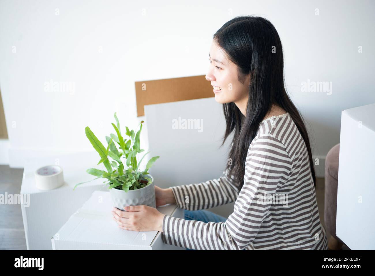 Eine Frau, die einen Topf Pflanzen in der Hand hält, umgeben von beweglichem Karton Stockfoto