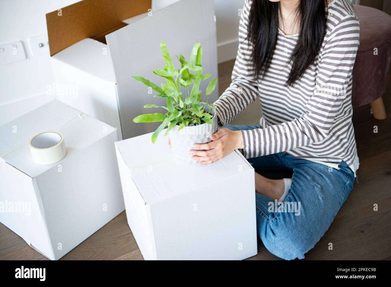 Eine Frau, die einen Pflanzentopf in der Hand hält, umgeben von beweglichem Karton Stockfoto