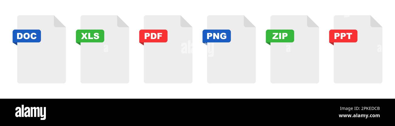 Flache Symbolgruppe für Dateiformat. Symbole für Dokumentdateien Stock Vektor