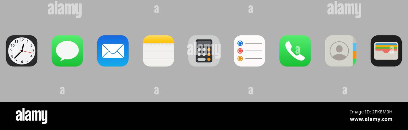 Vinnitsa, Ukraine - 14. Dezember 2022: Apple IOS Interface programs icon set. Stock Vektor