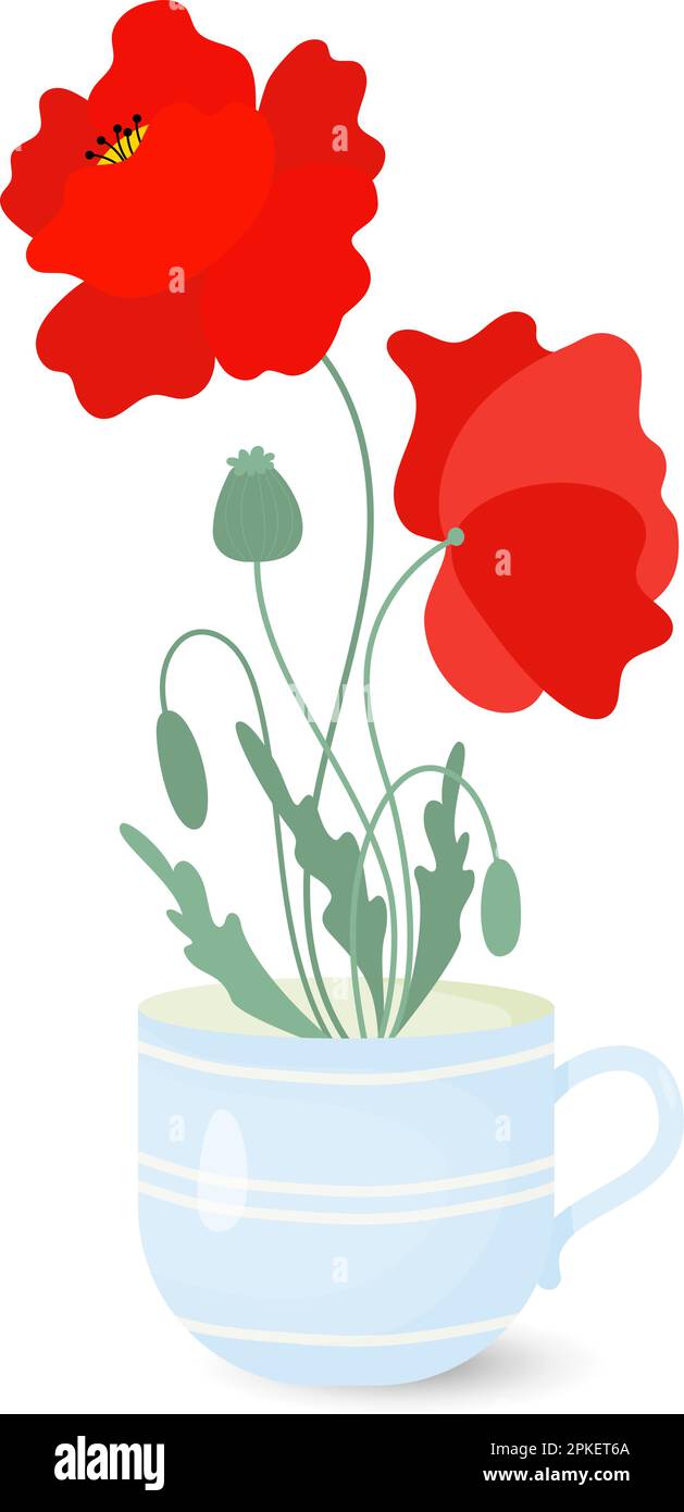 Blumenstrauß mit rotem Mohn im Becher. Flache Vektordarstellung für Postkarten, Designs, Dekor, Cover und Aufdrucke Stock Vektor