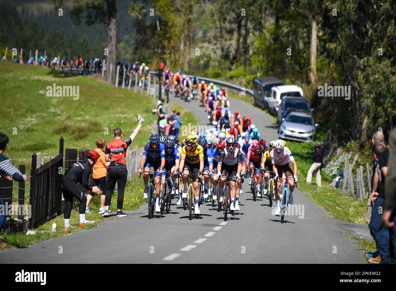 Santa Koloma, Euskadi, Spanien. 6. April 2023. Santa Koloma, Spanien, 06. April 2023: Mehrere Teams ziehen während der 4. Etappe des Baskenlandes 2023 zwischen Santurtzi und Santurtzi am 06. April 2023 in Santa Koloma, Spanien, das Hauptpeloton. (Kreditbild: © Alberto Brevers/Pacific Press via ZUMA Press Wire) NUR ZUR REDAKTIONELLEN VERWENDUNG! Nicht für den kommerziellen GEBRAUCH! Stockfoto