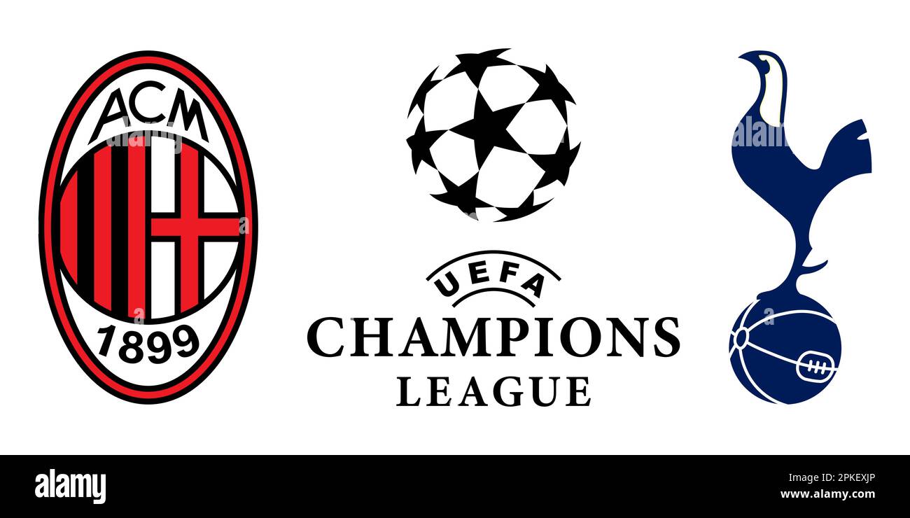 Vinnitsa, Ukraine - 18. November 2022: Fußballfußball Mailand vs Tottenham Vereinssymbolen. League of Champions. Vektor-Editordarstellung Stock Vektor