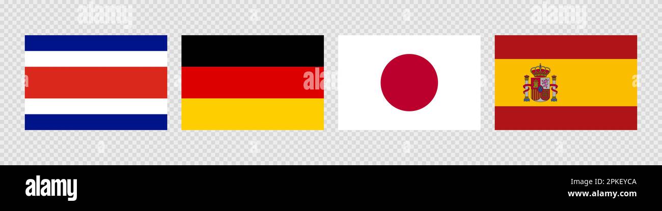 Nationale Flagge gesetzt. Costa Rica, Deutschland, Japan, Spanien. Stock Vektor