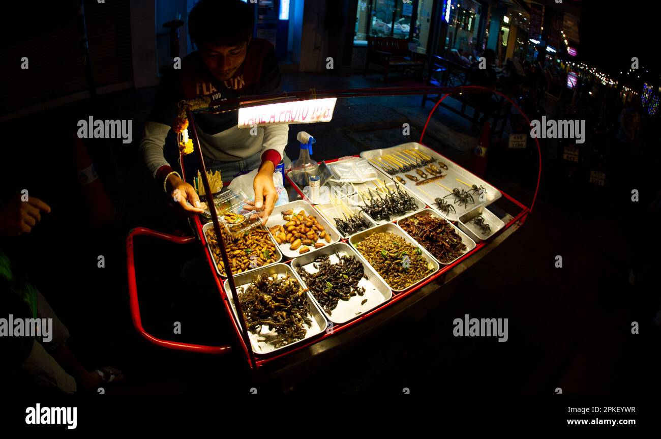 Februar 24 2023-Bangkok Thailand-Spinnen, Skorpione, Kakerlaken, Heuschrecken in Bratpfannen gebraten und in einer überfüllten Straße im Zentrum zum Verkauf ausgestellt Stockfoto