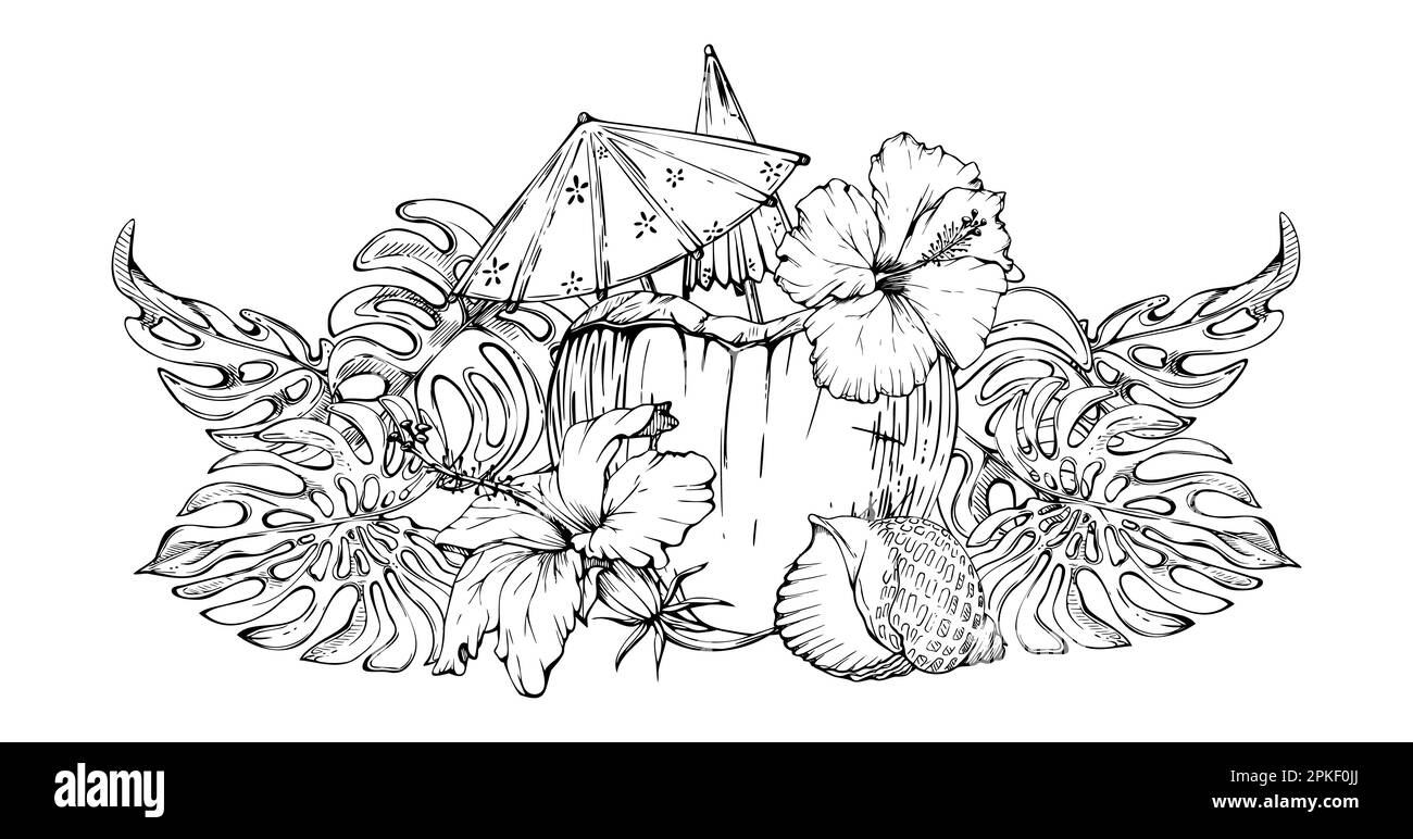 Handgezeichnete Vektorfarbe. Kokosnuss-Cocktail mit Papierschirmen, Hibiskusblumen. Isoliert auf weißem Hintergrund. Wandgestaltung, Hochzeit Stock Vektor