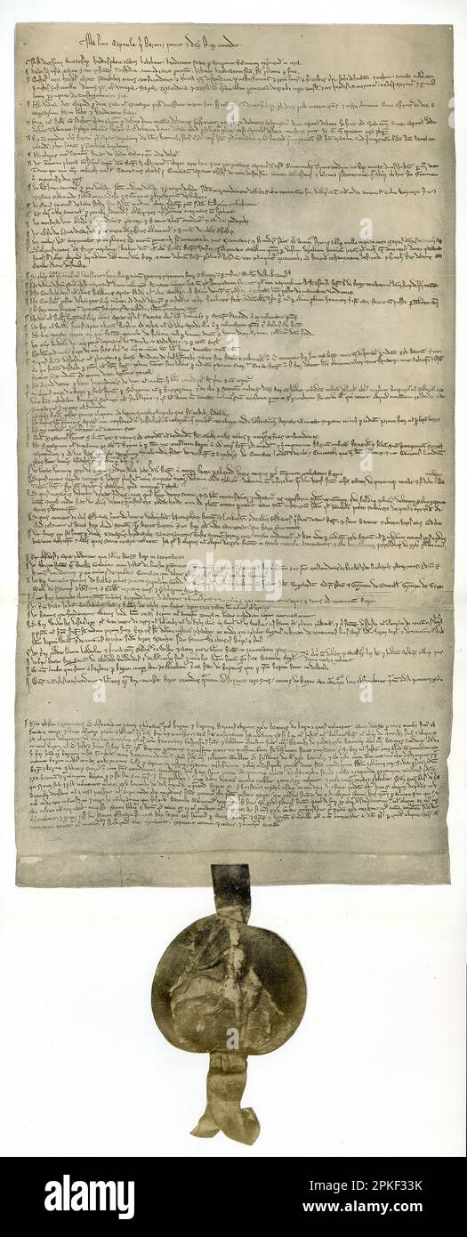 Der ursprüngliche Entwurf der Magna Charta aus dem Jahr 1215, der sogenannte Artikel der Barone. Das Original-Pergamentmanuskript ist im Britischen Museum in London. Stockfoto