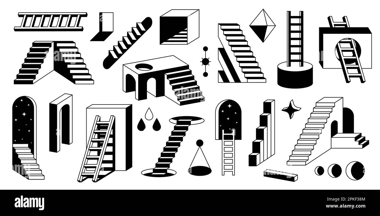 Surreale Leitern. Abstrakte geometrische Elemente moderner Treppen, einfarbige Retro-Treppen mit geometrischen Formen. Vektor isoliertes geometrisches Set Stock Vektor