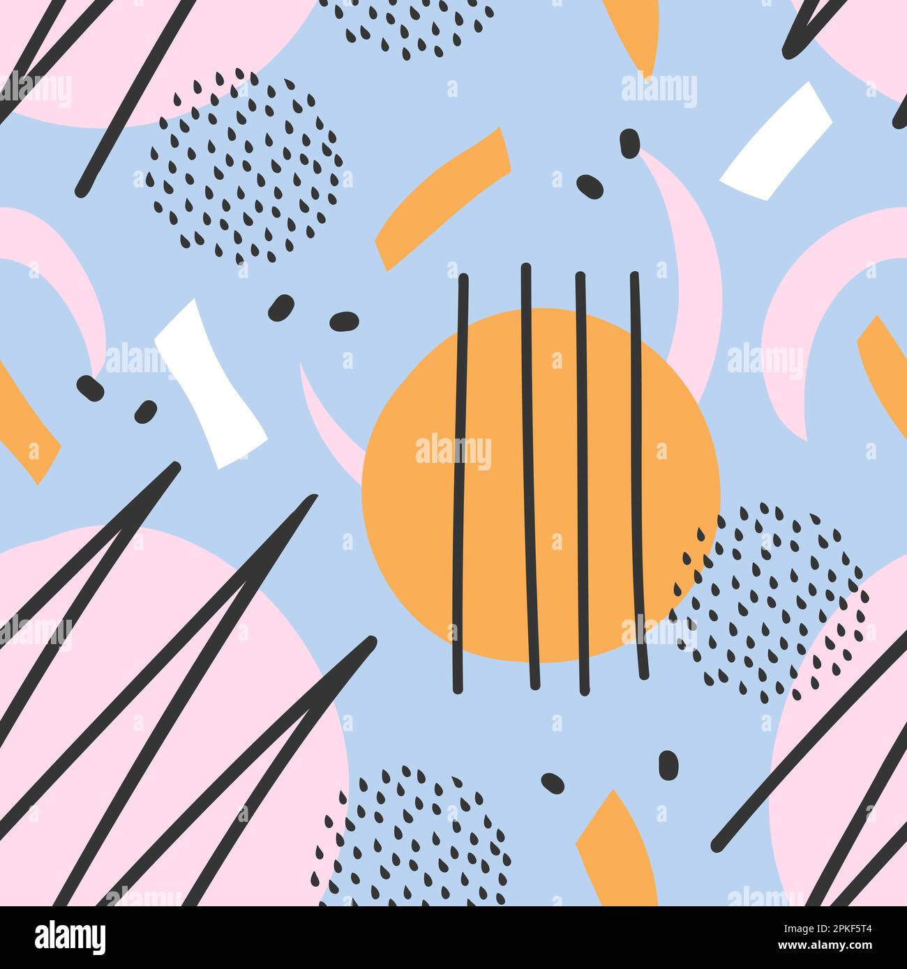 Ästhetisches, nahtloses Muster mit abstrakten Formen Kritzelpunkte. Memphis-Collage-Hintergrund. Vektordarstellung für Poster, Social-Media-Vorlagen. Stock Vektor