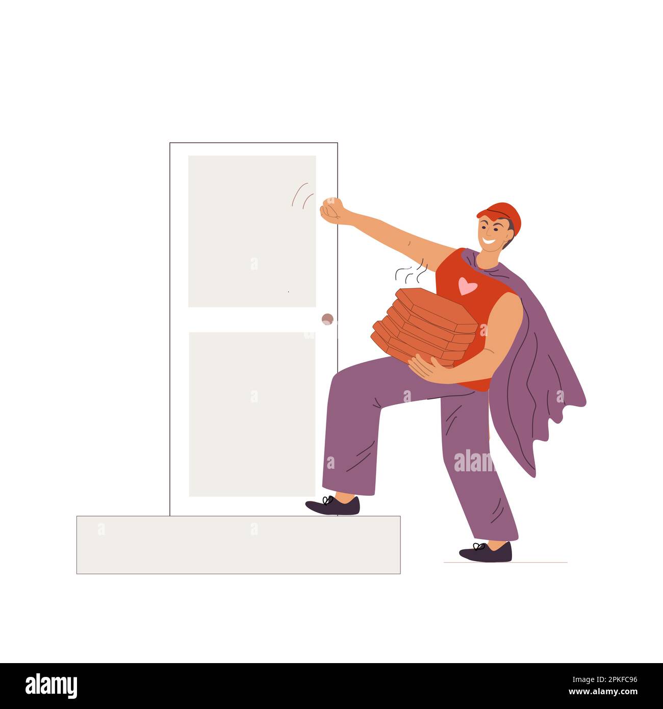 Ein Superheld-Pizzalieferant klopft an die Tür Stock Vektor