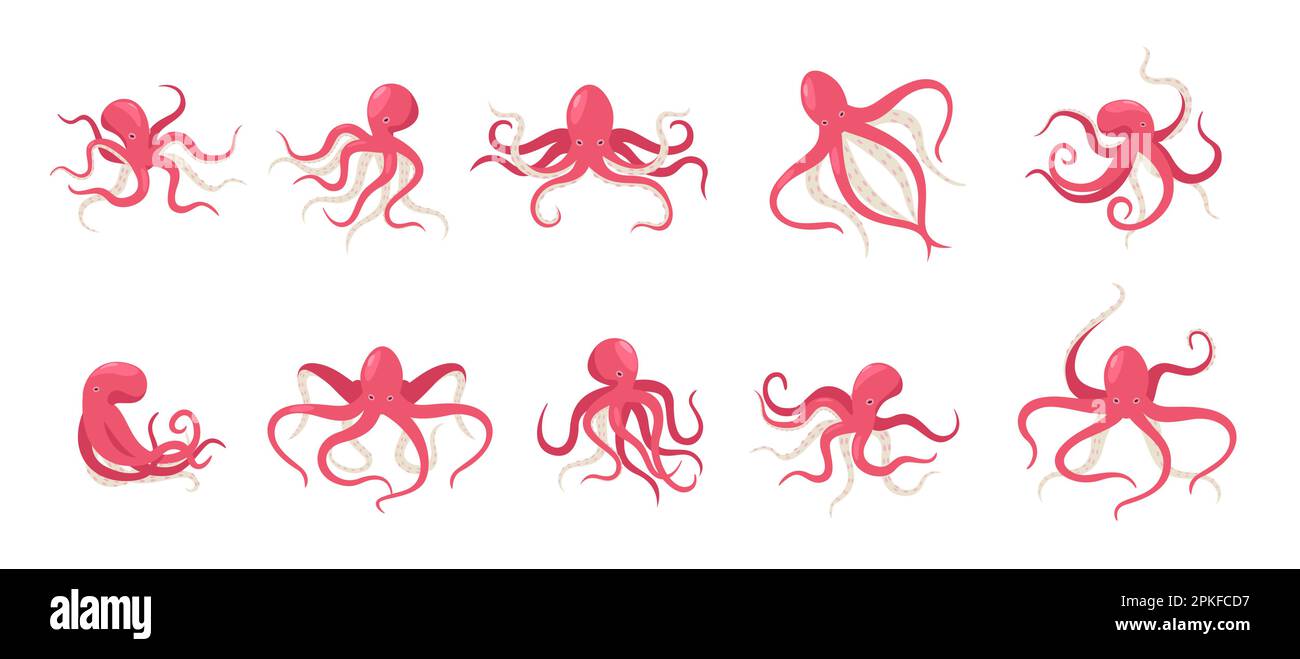 Cartoon Octopus. Verspielter roter Tintenfisch in verschiedenen Haltungen und Ausdrücken, Unterwasserkreatur. Vektortier mit Tentakel-Sammlung von Cartoon Stock Vektor