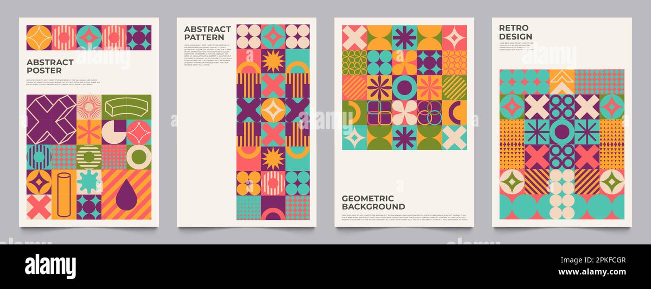 Poster mit geometrischen Retro-Formen. Abstrakte flyer im retro-Design von bauhaus für Anzeigen und Präsentationen, minimale Avantgarde-Formen. Vektorsammlung bauhaus Stock Vektor