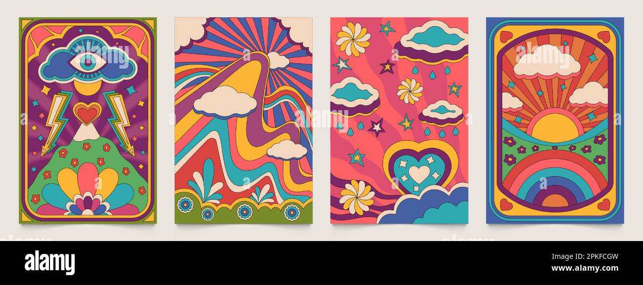Hippie-Poster. Psychedelische Retro-Tapete mit Kamillenblumen und -Pflanzen, blumiges dekoratives Design im Stil der 1970er Jahre. Vector Abstract Vintage wa Stock Vektor
