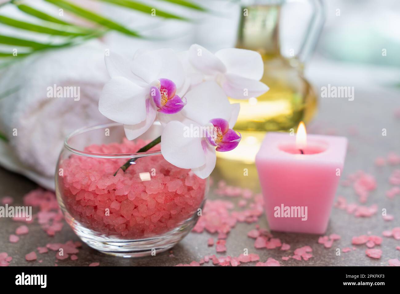 Seesterne, Muscheln, Frottee, Kerzen und Pflanzen auf dem Sand. Spa- und Wellnesskonzept Stockfoto