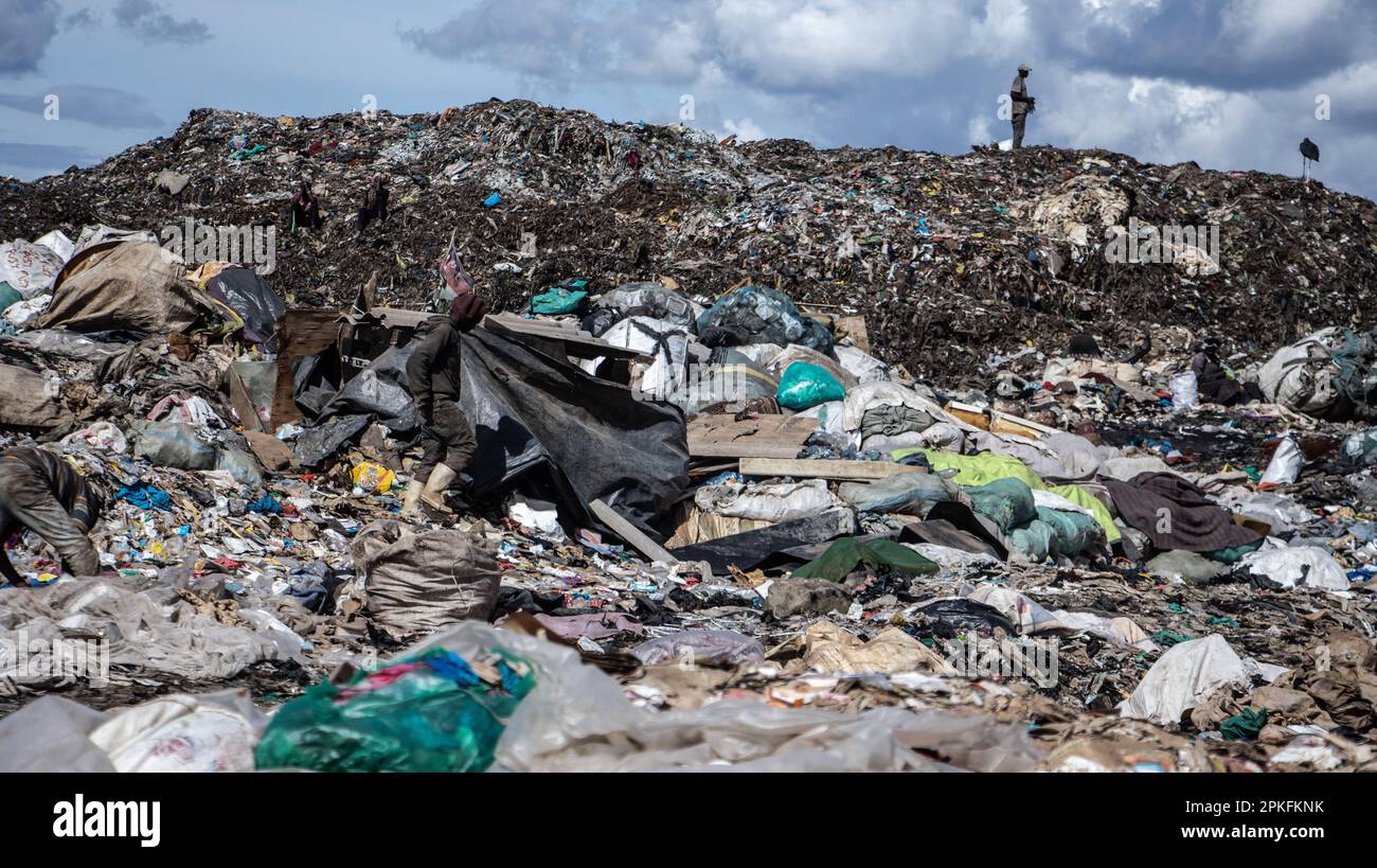 Nairobi, Kenia. 05. April 2023. Abfallsammler versuchen, Materialien für das Recycling in der Deponie von Dandora zu gewinnen. Da die meisten Kunststoffe nur einmal verwendet werden und sich nur schwer recyceln lassen, haben Länder, insbesondere im Süden der Welt, Schwierigkeiten, das wachsende Abfallproblem zu bewältigen. (Foto: James Wakibia/SOPA Images/Sipa USA) Guthaben: SIPA USA/Alamy Live News Stockfoto