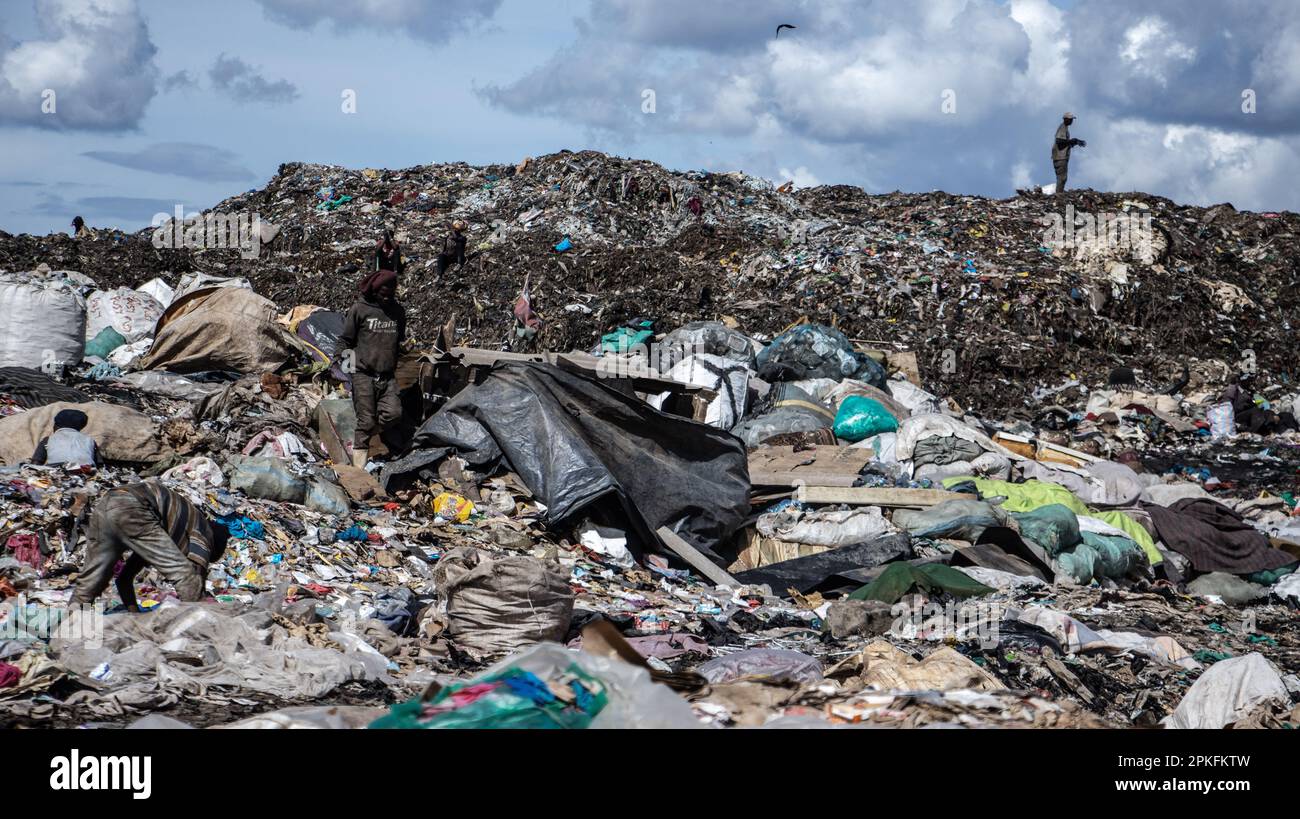Nairobi, Kenia. 05. April 2023. Müllsammler versuchen, in der Deponie von Dandora zu recyceln. Da die meisten Kunststoffe nur einmal verwendet werden und sich nur schwer recyceln lassen, haben Länder, insbesondere im Süden der Welt, Schwierigkeiten, das wachsende Abfallproblem zu bewältigen. (Foto: James Wakibia/SOPA Images/Sipa USA) Guthaben: SIPA USA/Alamy Live News Stockfoto