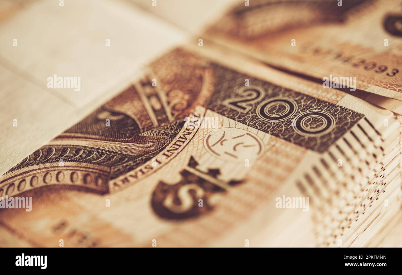 Stapel zweihundert polnischer Zloty Nahaufnahme. Republik Polen: Fiat Currency Stockfoto
