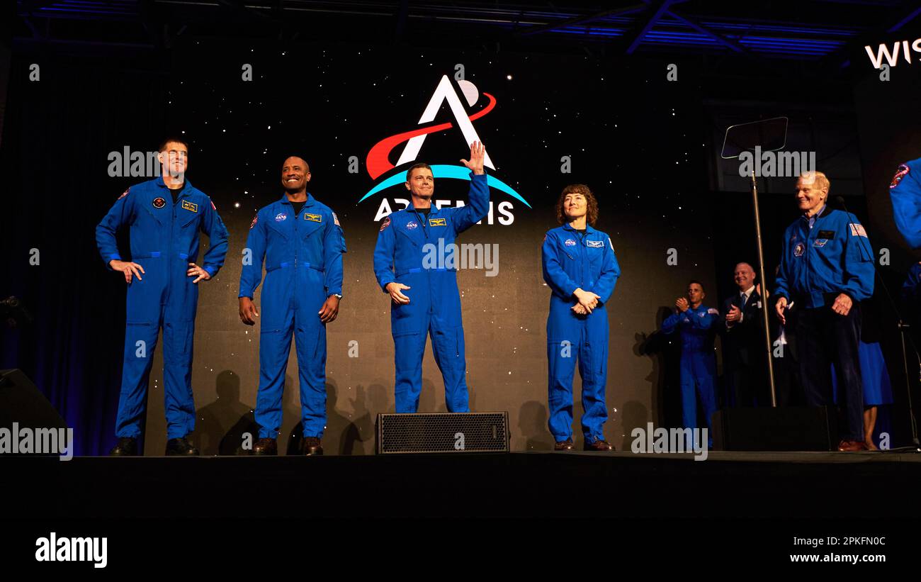 NASA-Administrator Bill Nelson stellt die Crew von Artemis II am 3. April 2023 in Houston, USA, vor Stockfoto