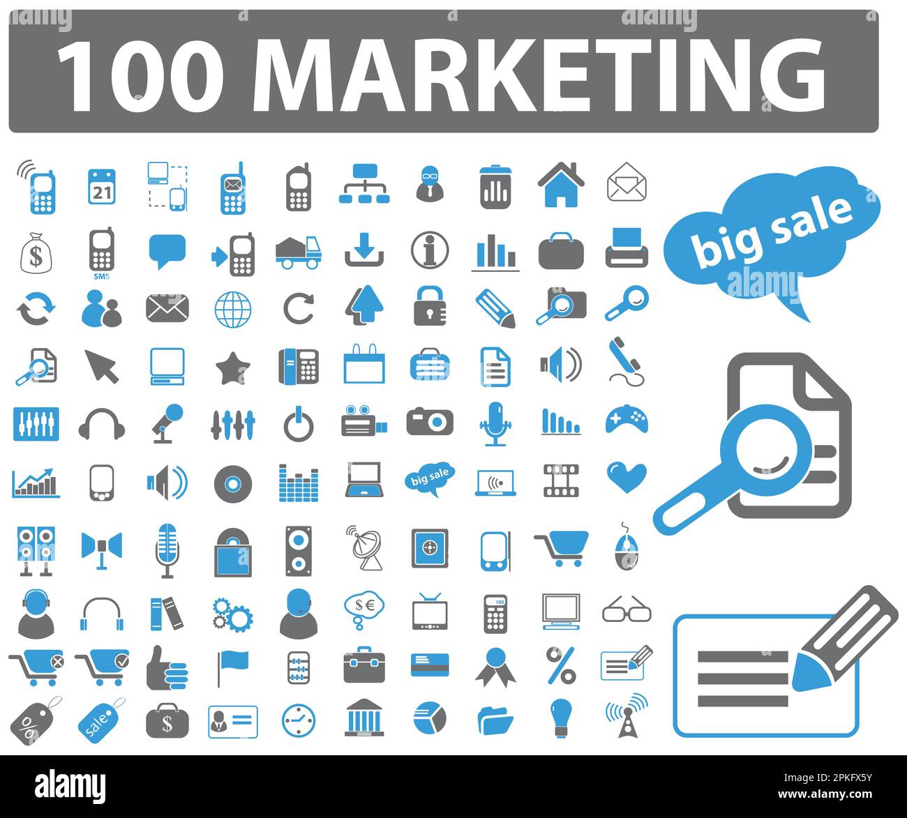 Ein Satz von 100-Marketingsymbolen zur Vektordarstellung Stock Vektor