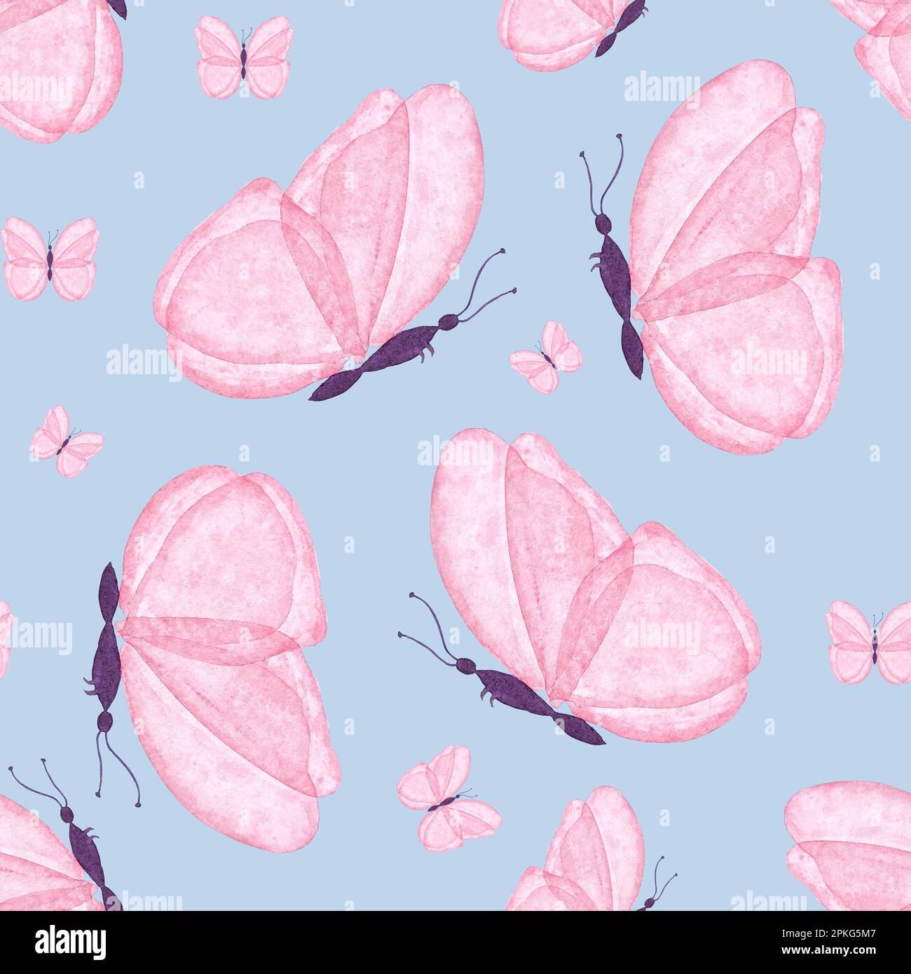 Wasserfarbenes, nahtloses Muster aus pinkfarbenem Schmetterling auf blauem Hintergrund, handbemalte Illustration im botanischen Stil, zum Bedrucken von Stoff, Papier Stockfoto