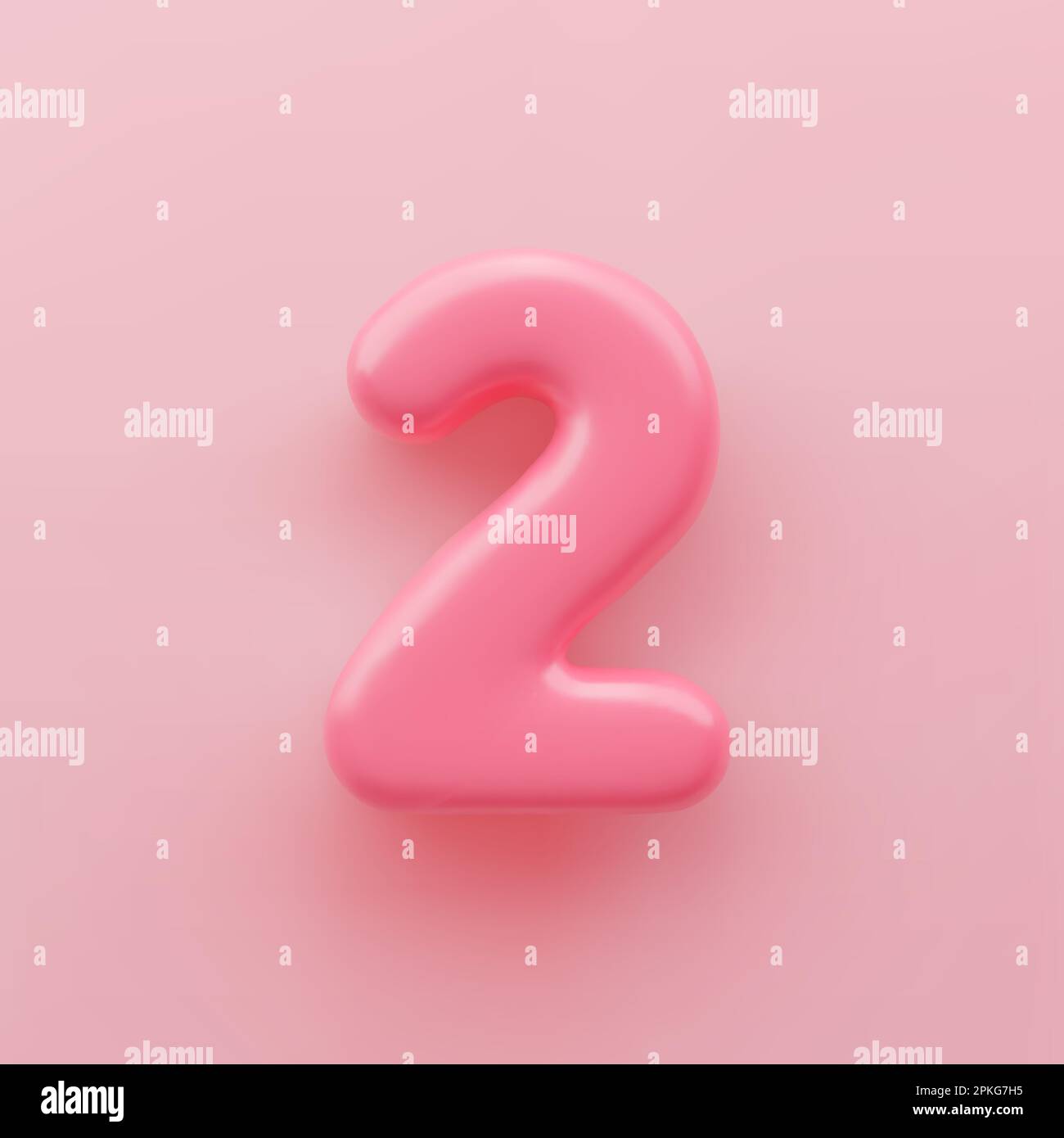 3D Rosa Zahl 2 mit glänzender Oberfläche auf pinkfarbenem Hintergrund. Stock Vektor