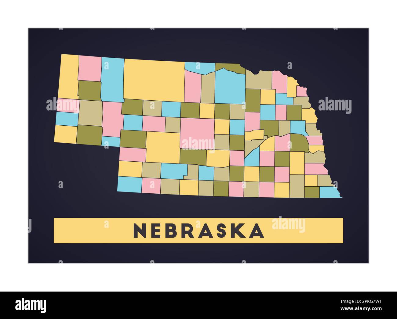Nebraska Karte. Poster mit Regionen in DEN USA. Form von Nebraska mit US-Bundesstaat. Wunderschöne Vektorillustration. Stock Vektor