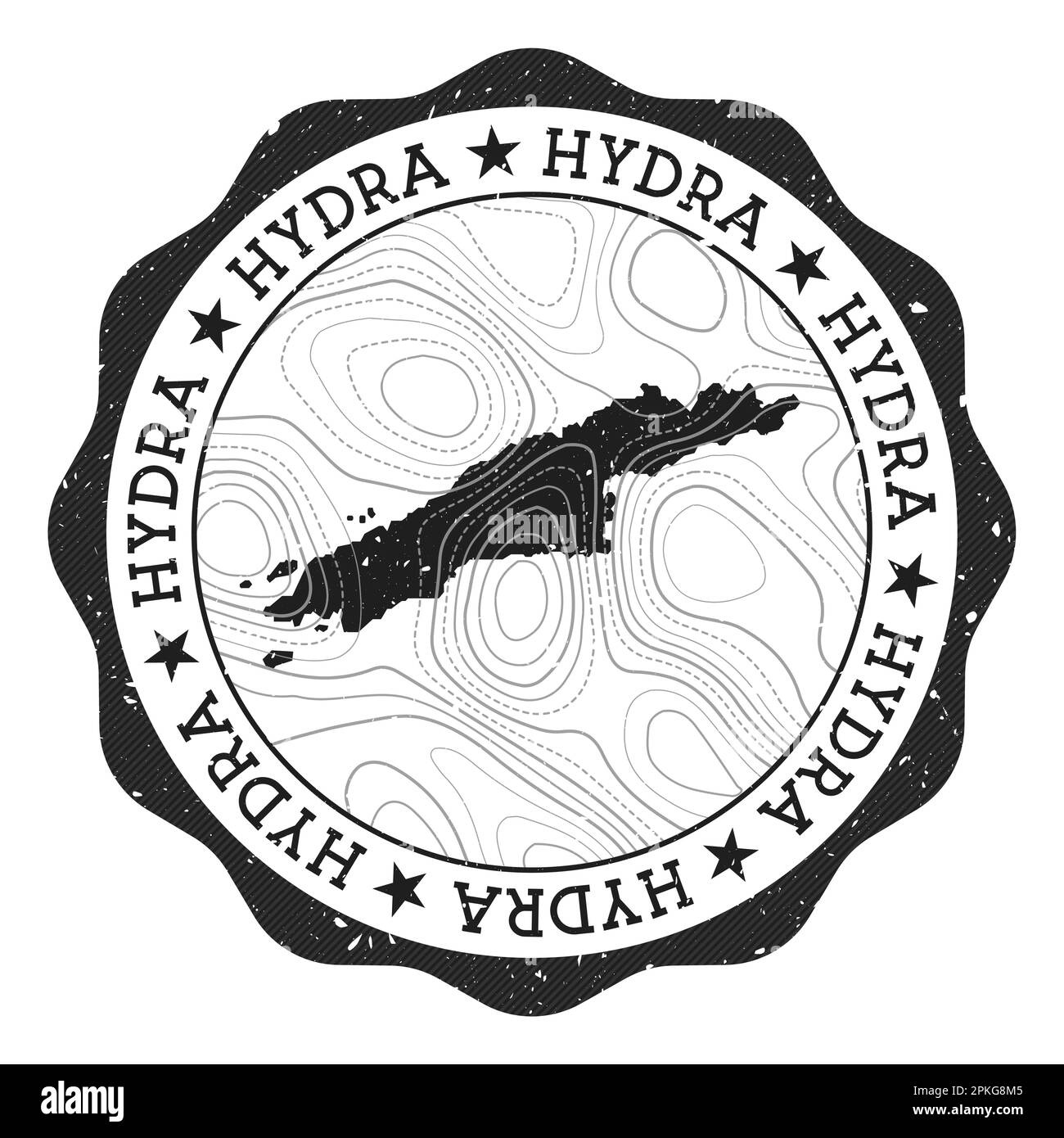Hydra-Stempel für den Außenbereich. Runder Aufkleber mit Landkarte der Insel mit topographischen Isolinien. Vektorabbildung. Stock Vektor
