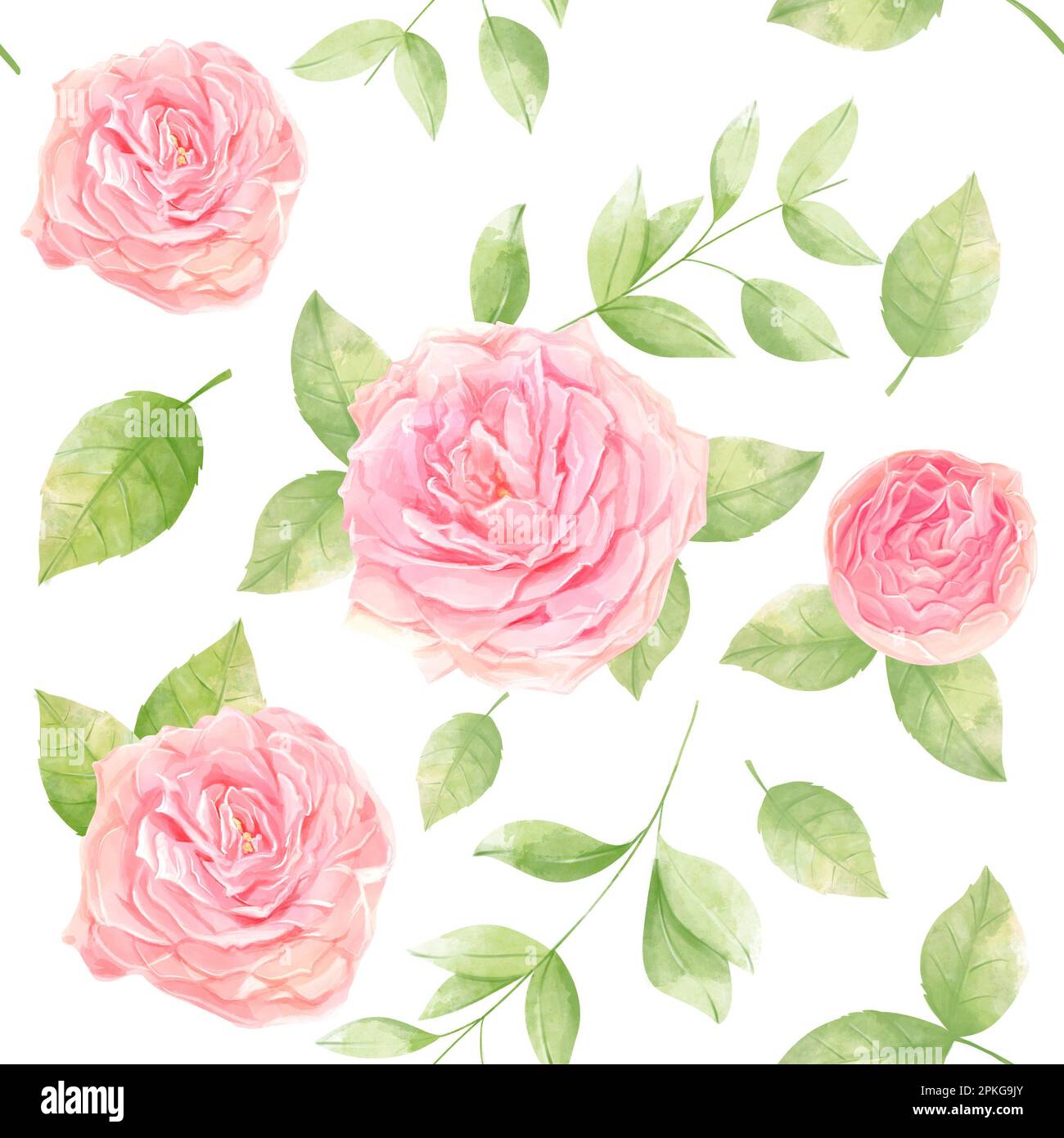 Hübsches Aquarellmuster gezeichnete blühende Rosen mit Blättern. Perfekter Druck für Ihr Design und Ihre Textildekoration. Stockfoto