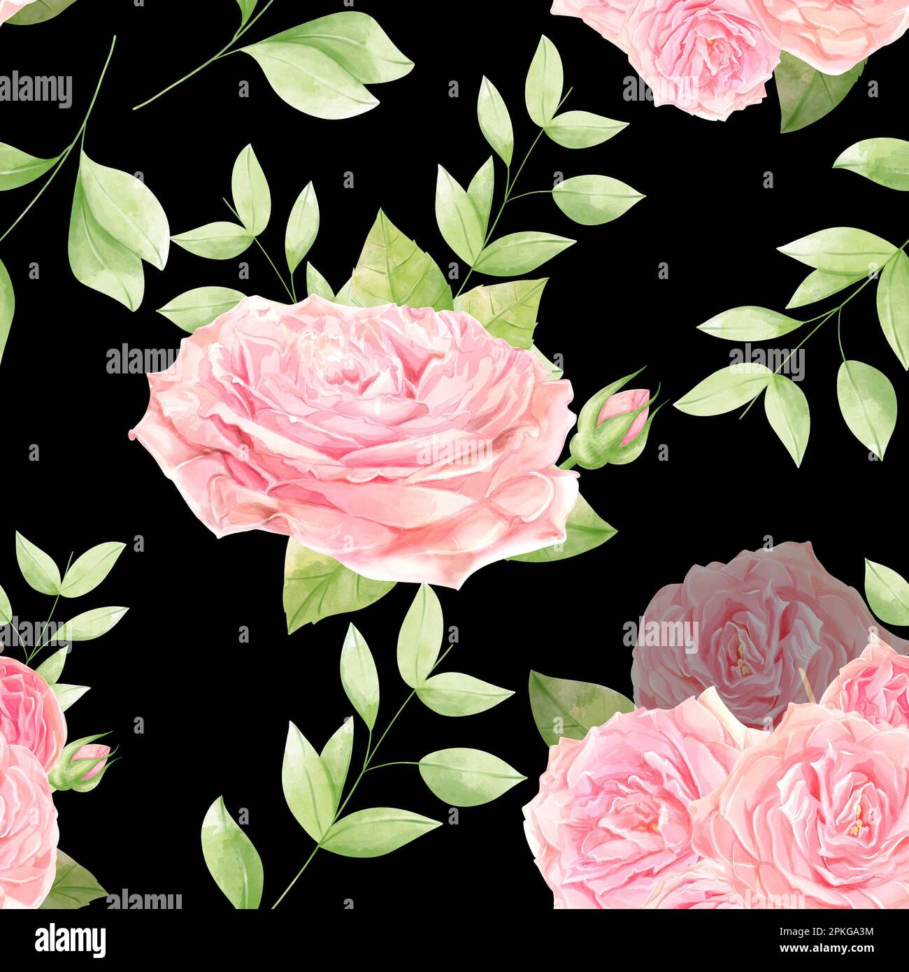 Aquarell frisches Blumenmuster. Blumenmuster auf schwarzem Hintergrund. Stockfoto