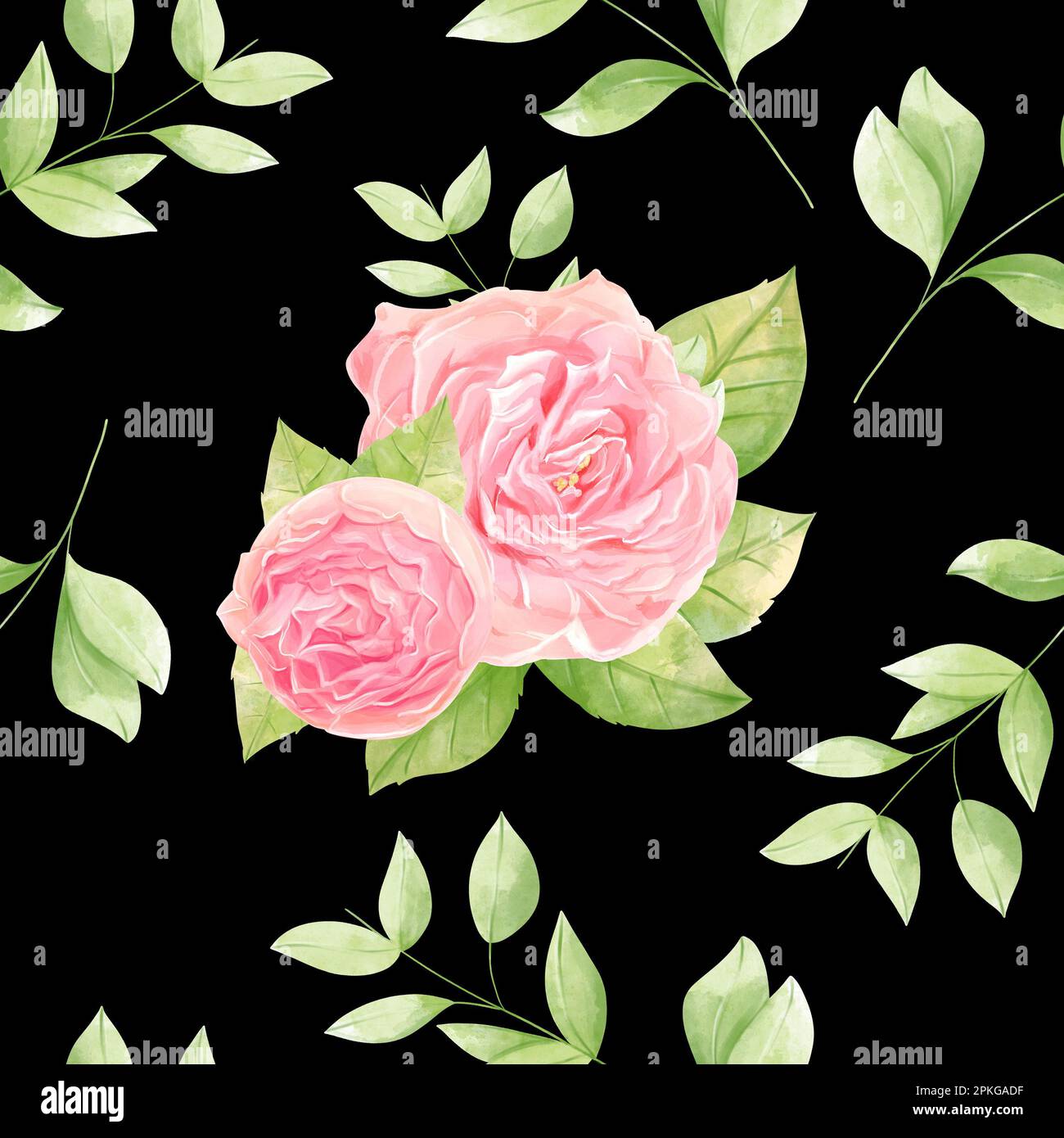 Wunderschöner, nahtloser Druck von bemalten Rosen und Kräutern. Stylischer Aufdruck für Textil und Design. Einfarbiger schwarzer Hintergrund mit Blumenmuster. Stockfoto