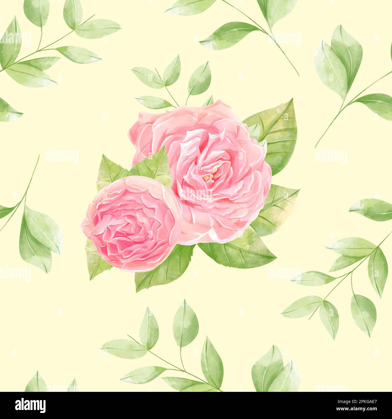 Wasserfarbenes, nahtloses Muster mit Pfingstrosen, Blättern und Rosen auf cremefarbenem Hintergrund. Handgezeichnet. Für Papier, Stoff, Bettzeug. Stockfoto