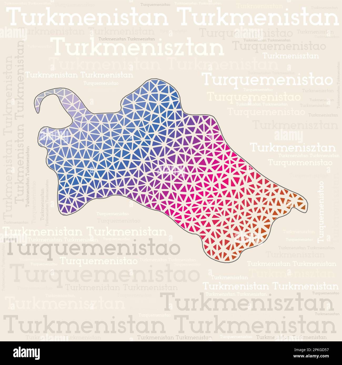 Turkmenistan Kartendesign. Ländernamen in verschiedenen Sprachen und Kartenform mit geometrischen niedrigen Poly-Dreiecken. Stock Vektor