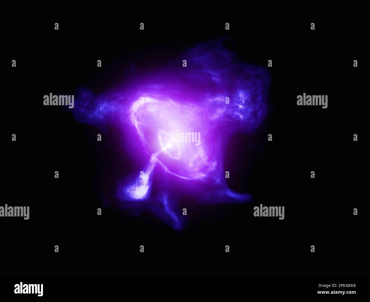 Leerzeichen. 7. April 2023. Ein neues zusammengesetztes Bild des Krabbennebels enthält Röntgenstrahlen von Chandra (blau und weiß), optische Daten von Hubble (violett) und Infrarotdaten von Spitzer (rosa). Chandra hat die Krabbe wiederholt beobachtet, seit das Teleskop 1999 ins All geschleudert wurde. Der Krabbennebel wird von einem sich schnell drehenden, hochmagnetisierten Neutronenstern angetrieben, der Pulsar genannt wird, der gebildet wurde, als ein riesiger Stern seinen nuklearen Treibstoff verlor und zusammenbrach. Die Kombination aus schneller Rotation und einem starken Magnetfeld in der Krabbe erzeugt ein intensives elektromagnetisches Feld, das Matten erzeugt Stockfoto
