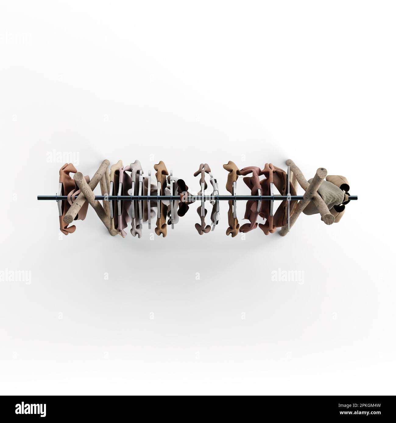 Eine Überkopfanzeige von Kleidungsstücken, die an Kleiderbügeln hängen, auf weißem Hintergrund, 3D-Rendering Stockfoto