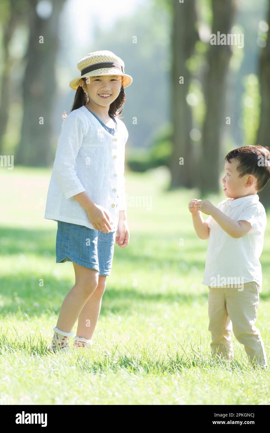 Schwester und Bruder spielen in einer Reihe von Pappelbäumen Stockfoto