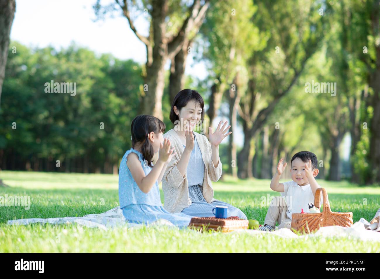 Eltern und Kinder machen ein Picknick in einem Park mit Pappelbäumen Stockfoto