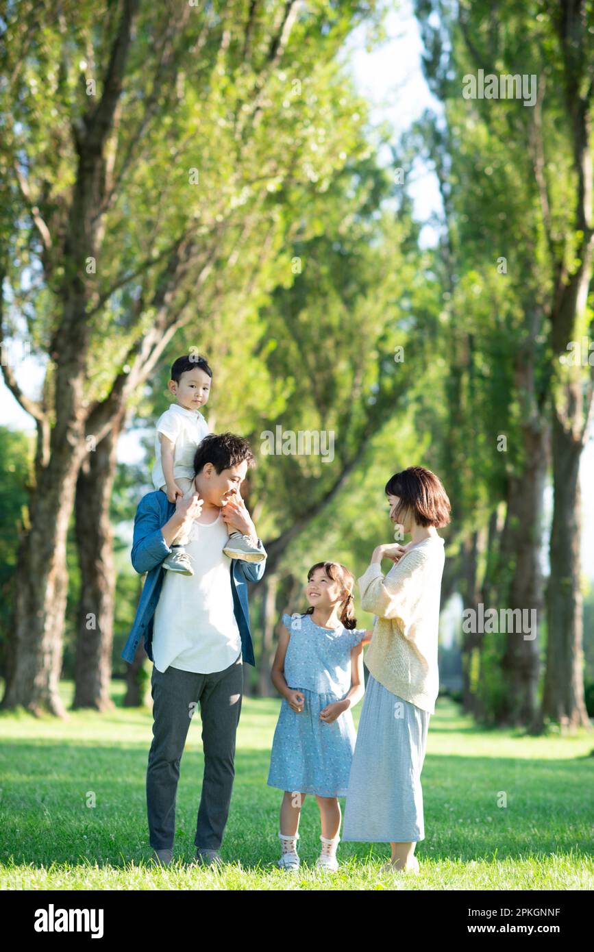 Familie plaudert in einer Reihe von Pappelbäumen Stockfoto