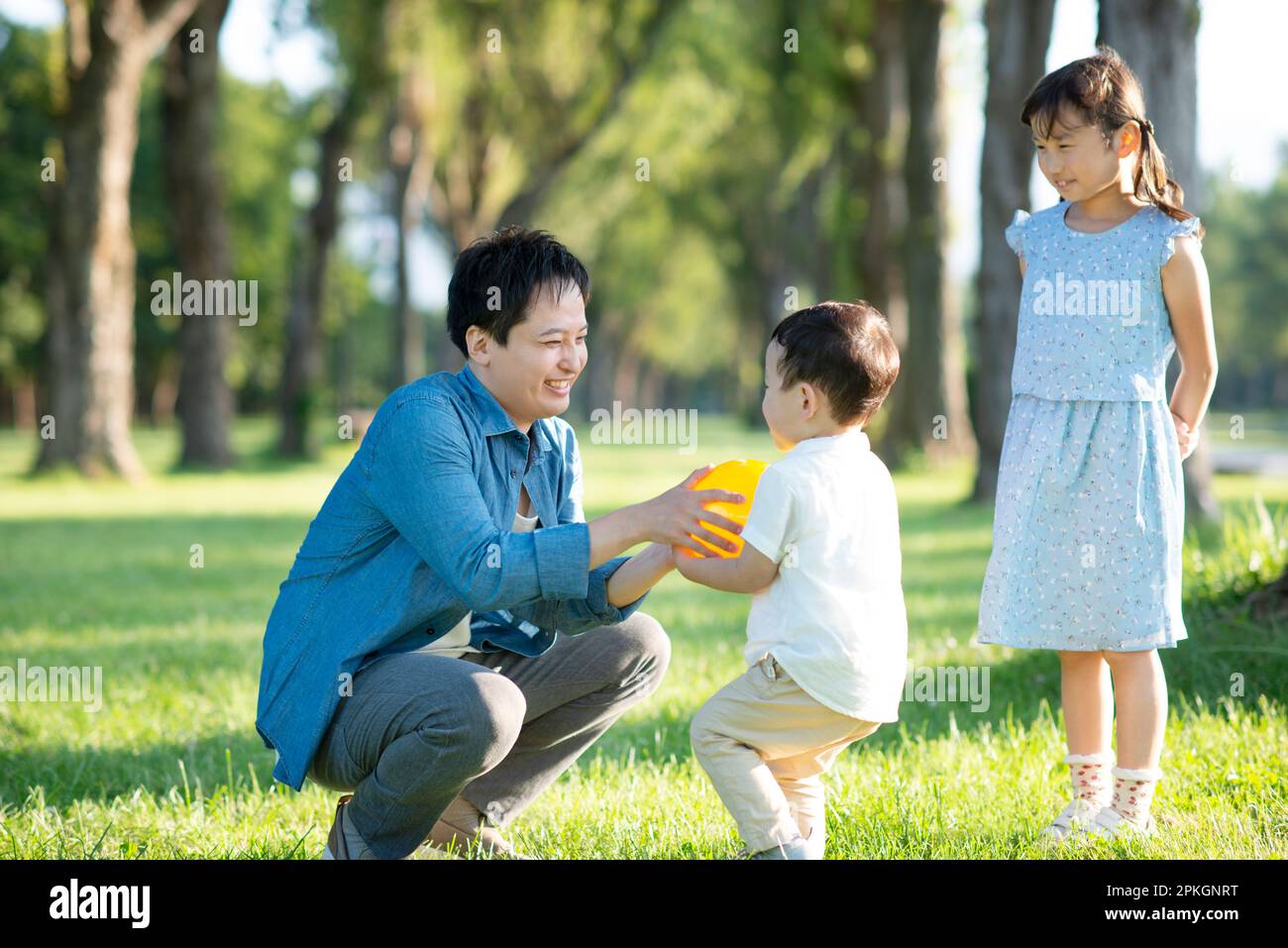 Eltern und Kinder spielen an Pappelbäumen Stockfoto