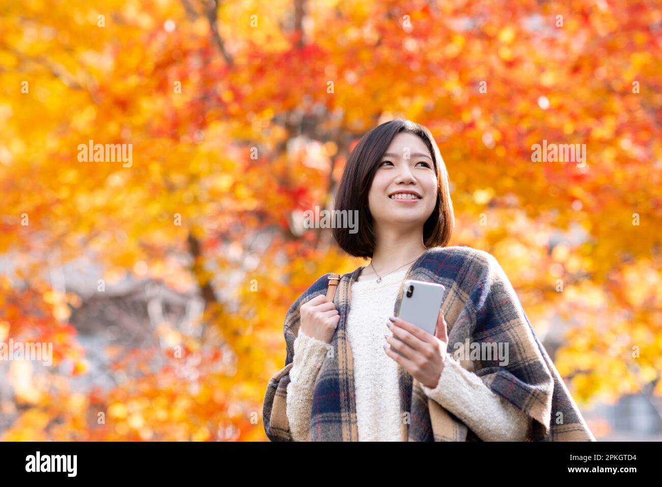 Frau mit Smartphone und lächelndem Gesicht vor den Herbstblättern Stockfoto