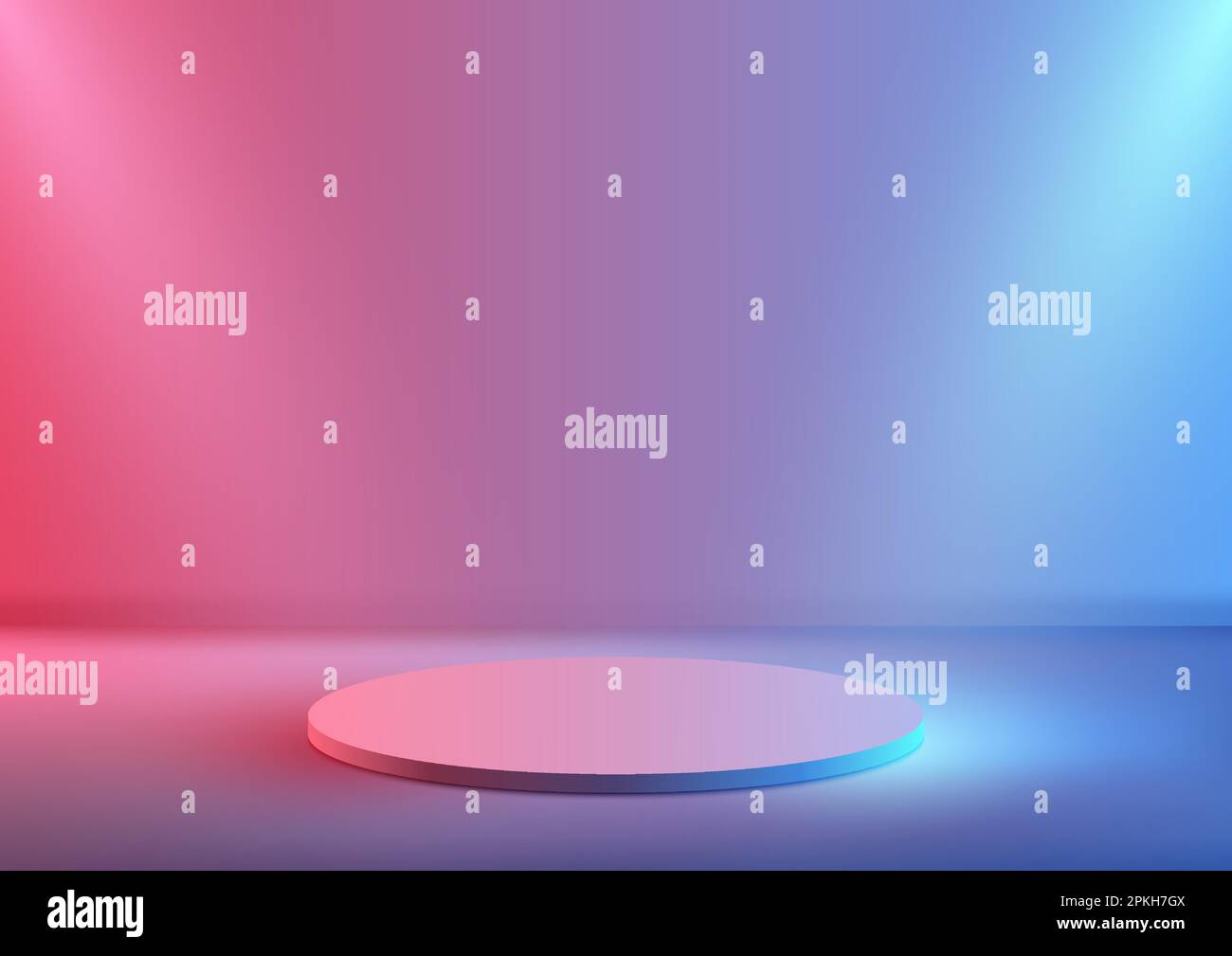3D realistische, moderne Podiumplattform in minimalistischen Neonfarben mit Spotlight auf pinkfarbenem und blauem verlaufendem Hintergrund. Sie können für Technologie PR Stock Vektor