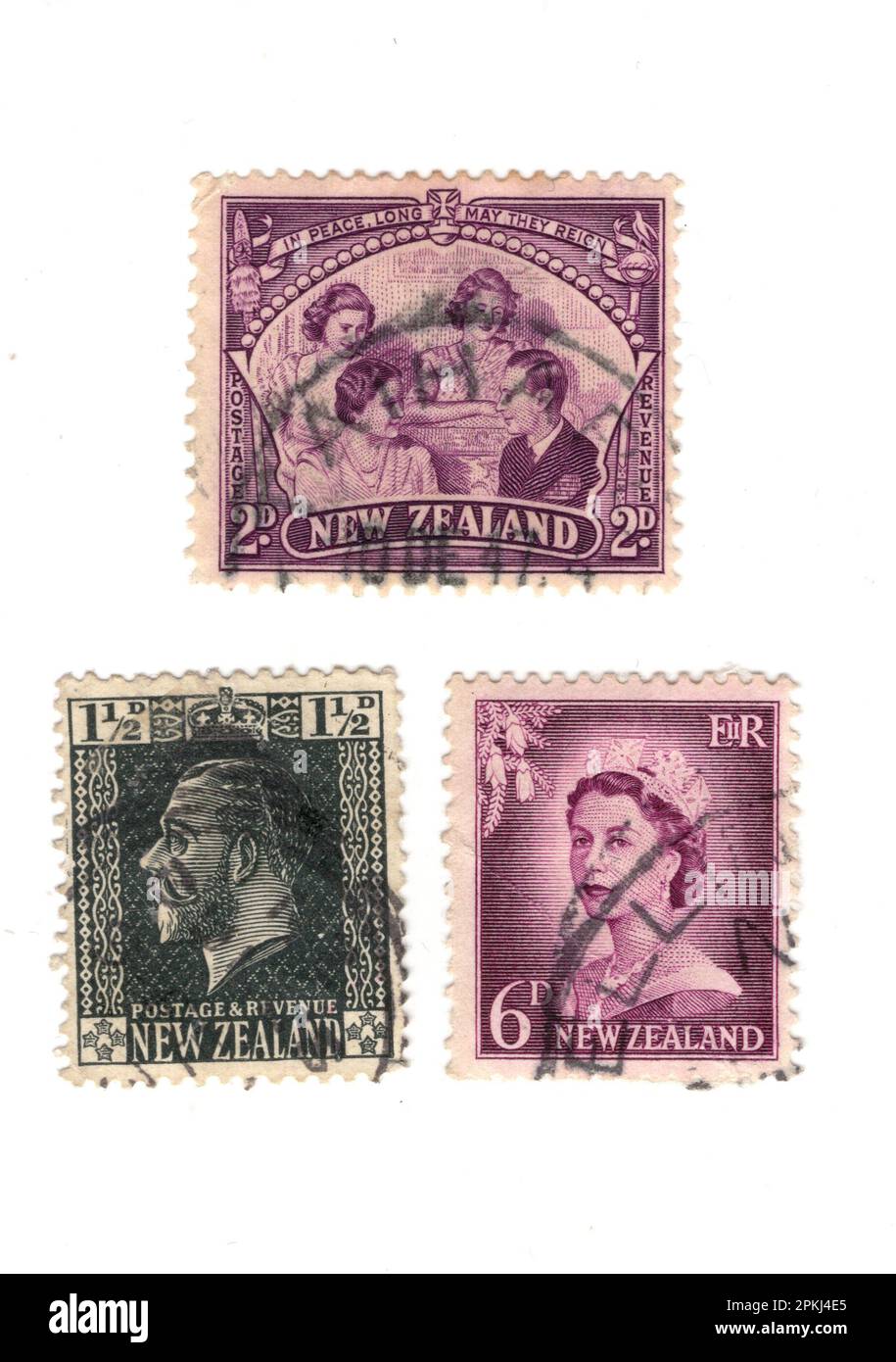 Klassische Briefmarken aus Neuseeland isoliert auf weißem Hintergrund. Stockfoto