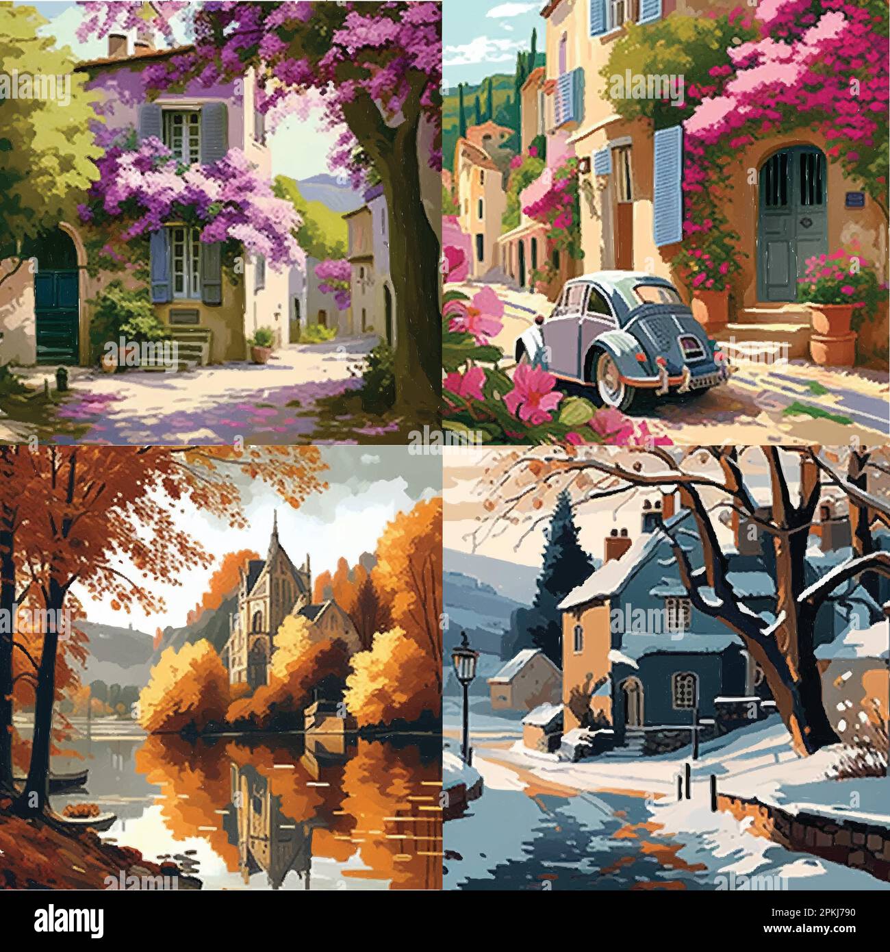 Vektorset von Jahreszeiten-Illustrationen. Frühling, Sommer, Herbst, Winter - Landschaften Stock Vektor