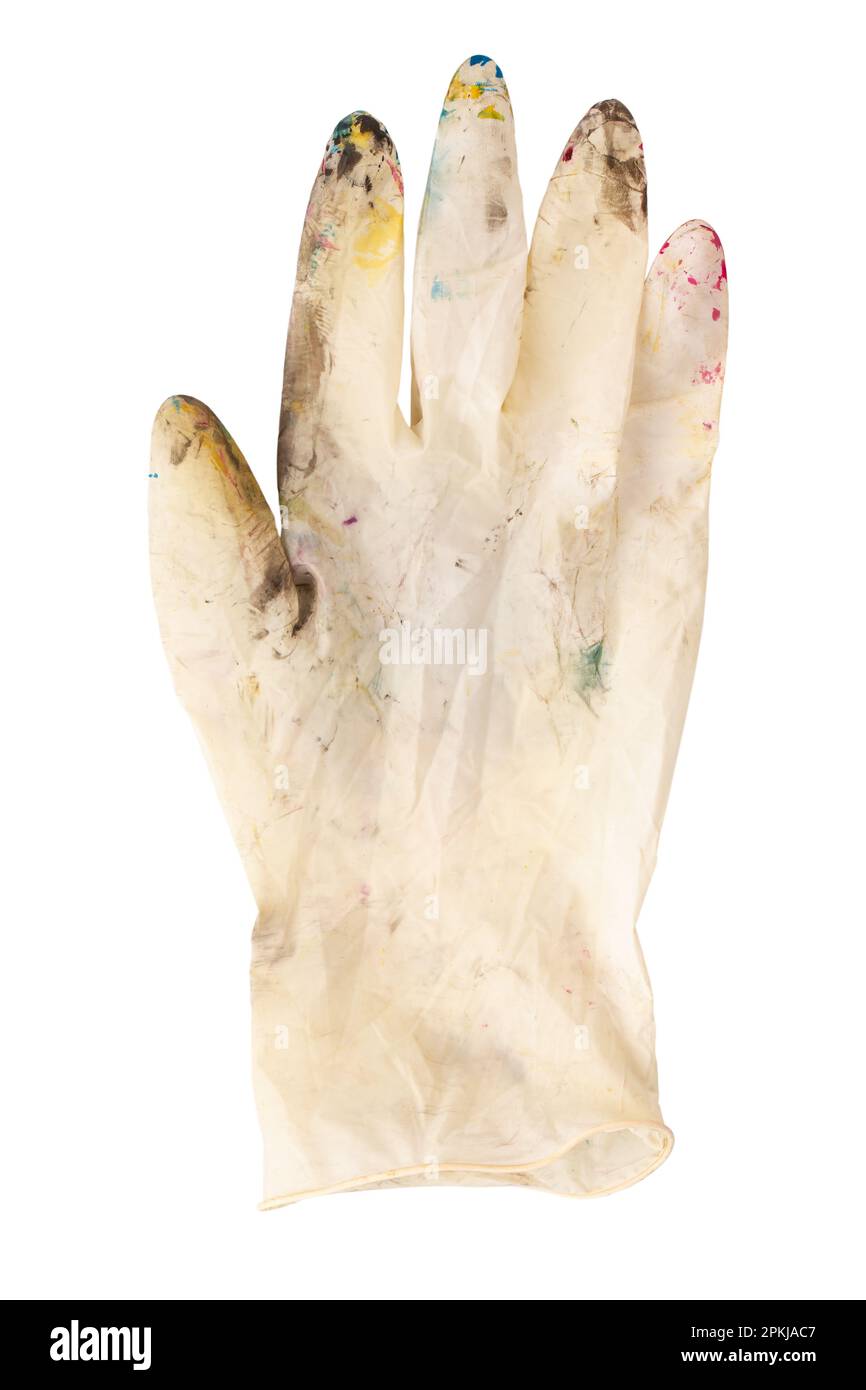 Weiße Gummihandschuhe an Stellen mit Farbe auf weißem Hintergrund. Das Konzept der Kreativität, der Schöpfung. Datei enthält Beschneidungspfad. Stockfoto