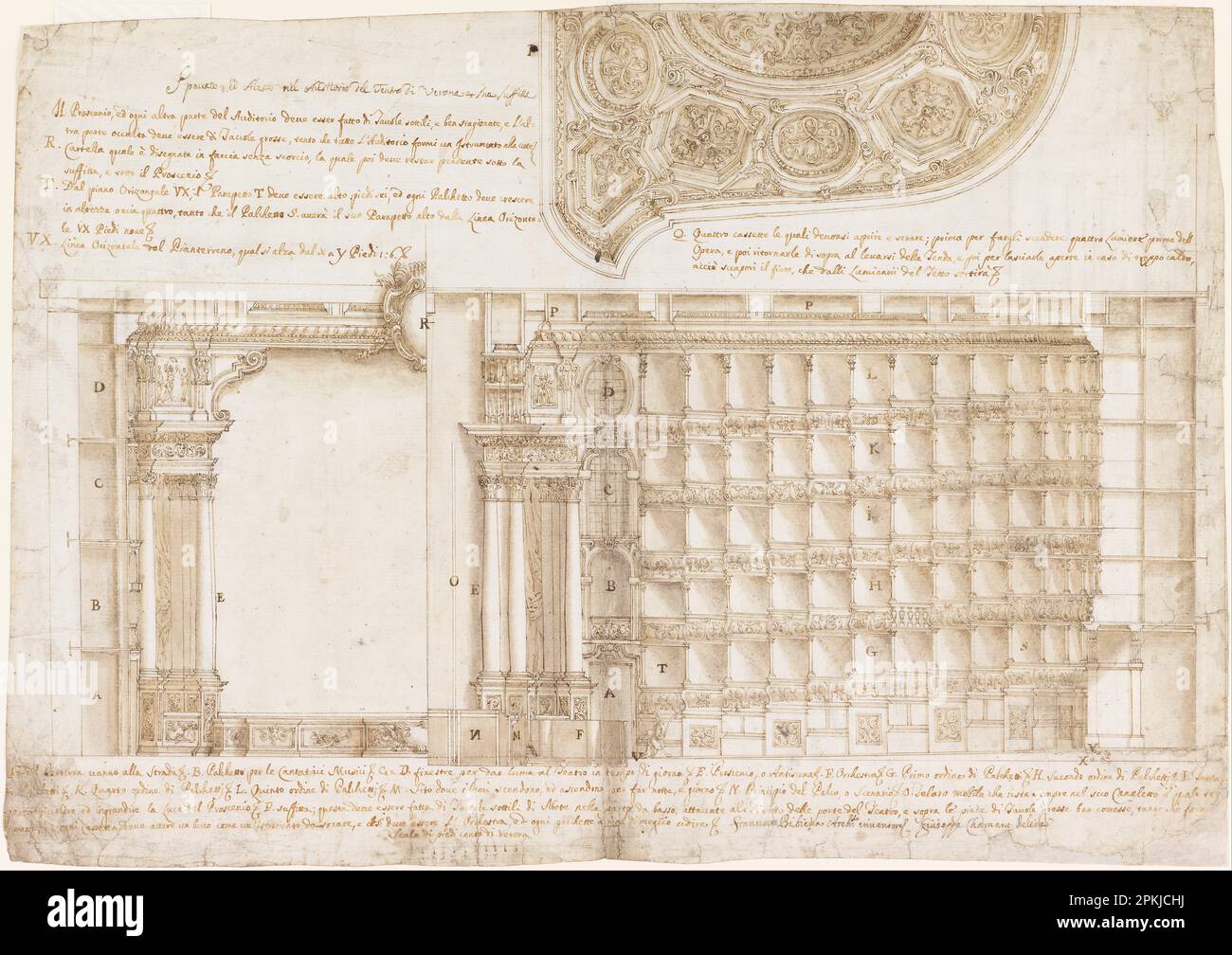 Teatro Filarmonico, Accademia Filarmonica, Verona, Italien: Abschnitt und Decke 1715–20 von Francesco Galli Bibiena Stockfoto