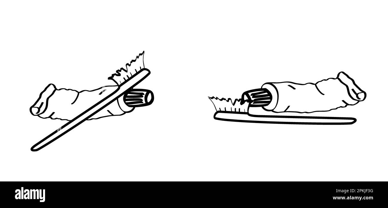 Zahnbürste und Behälter. Cartoon gesund, Zahnpasta. Molares Muster. Vektorzeichnung Zahnbürste, Schlauchsymbol. Zähne oder Zähne mit Karies schädigen. Für Mo Stockfoto