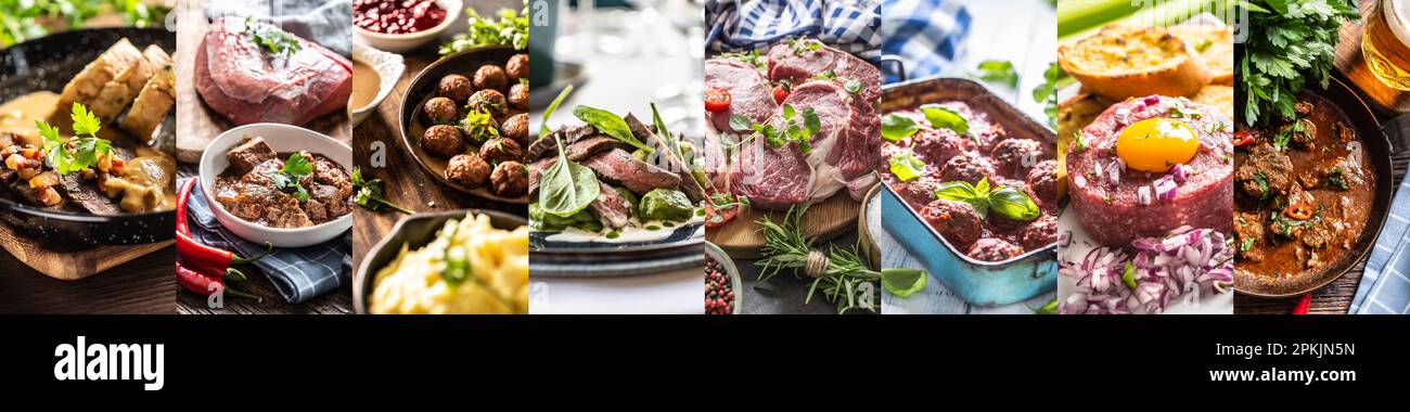 Speisekonzept einer breiten Auswahl an Rindfleischgerichten in einer einzigen Banner-Fotocollage. Stockfoto