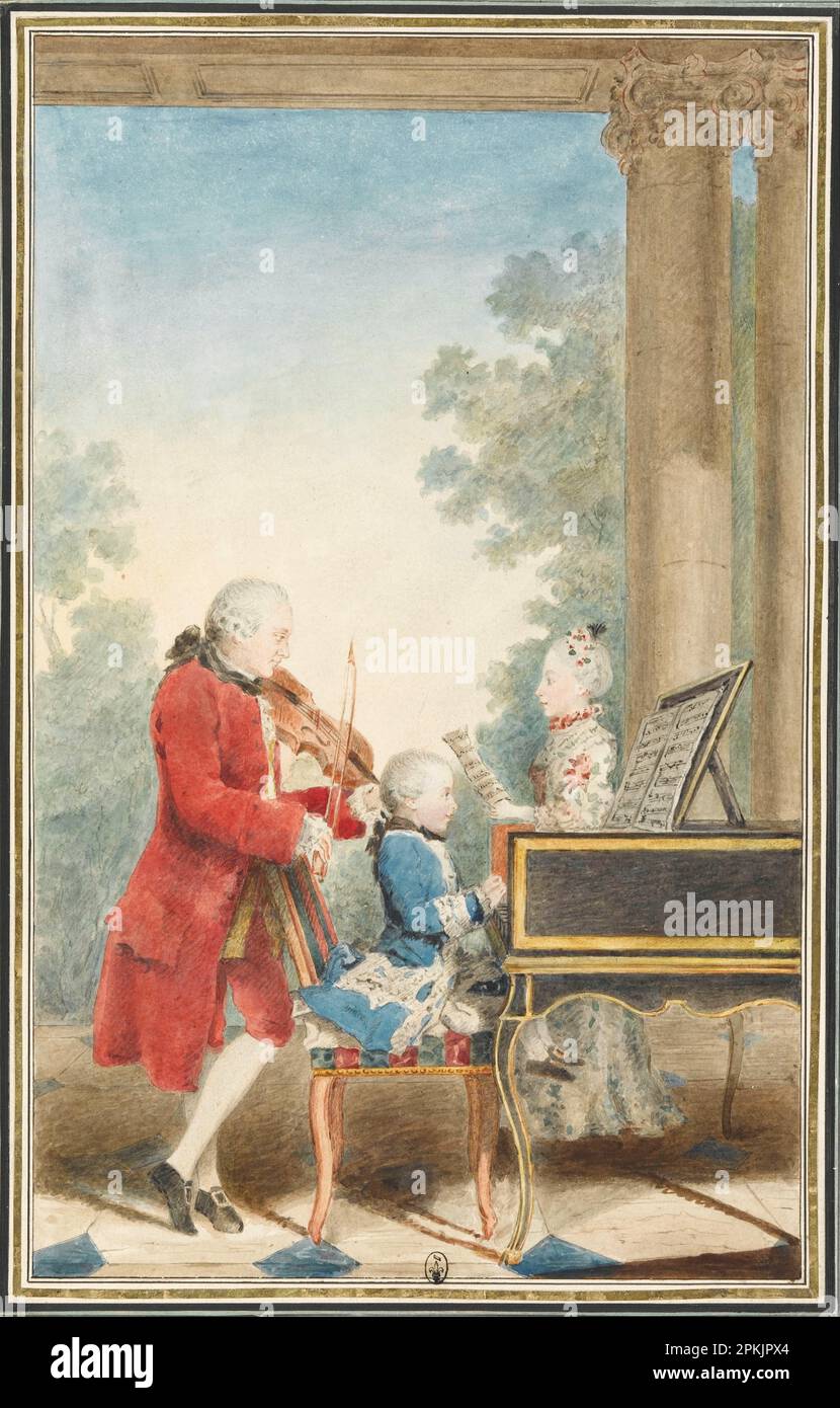 Portrait de Wolfgang Amadeus Mozart (Salzburg, 1756-Vienne, 1791) jouant à Paris avec son père Jean-Georg-Léopold et sa sœur Maria-Anna 1763 von Louis Carrogis de Carmontelle Stockfoto