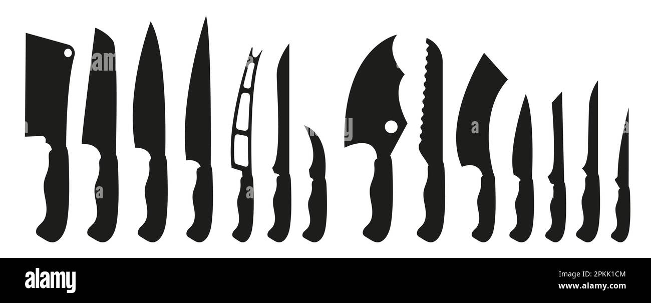Schwarze Küchenmesser setzen Vektor. Silhouette professionelle Küchenmesser zum Schneiden von Fleisch und Gemüse. Stock Vektor