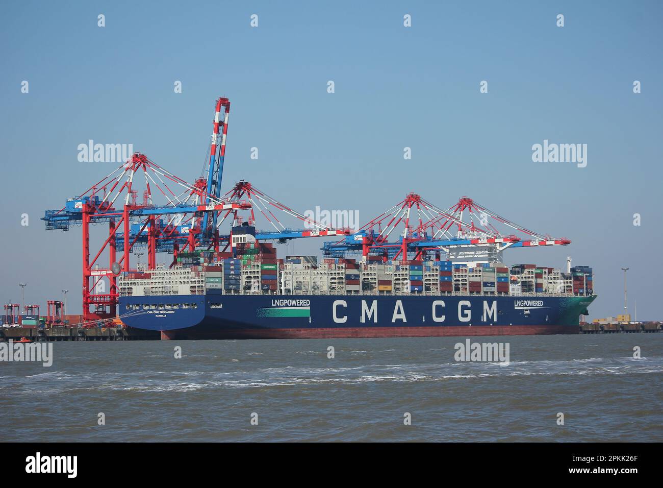 Containerbetrieb CMA CGM TROCADERO am Jade-Weser-Port in Wilhelmshaven, Deutschland Stockfoto